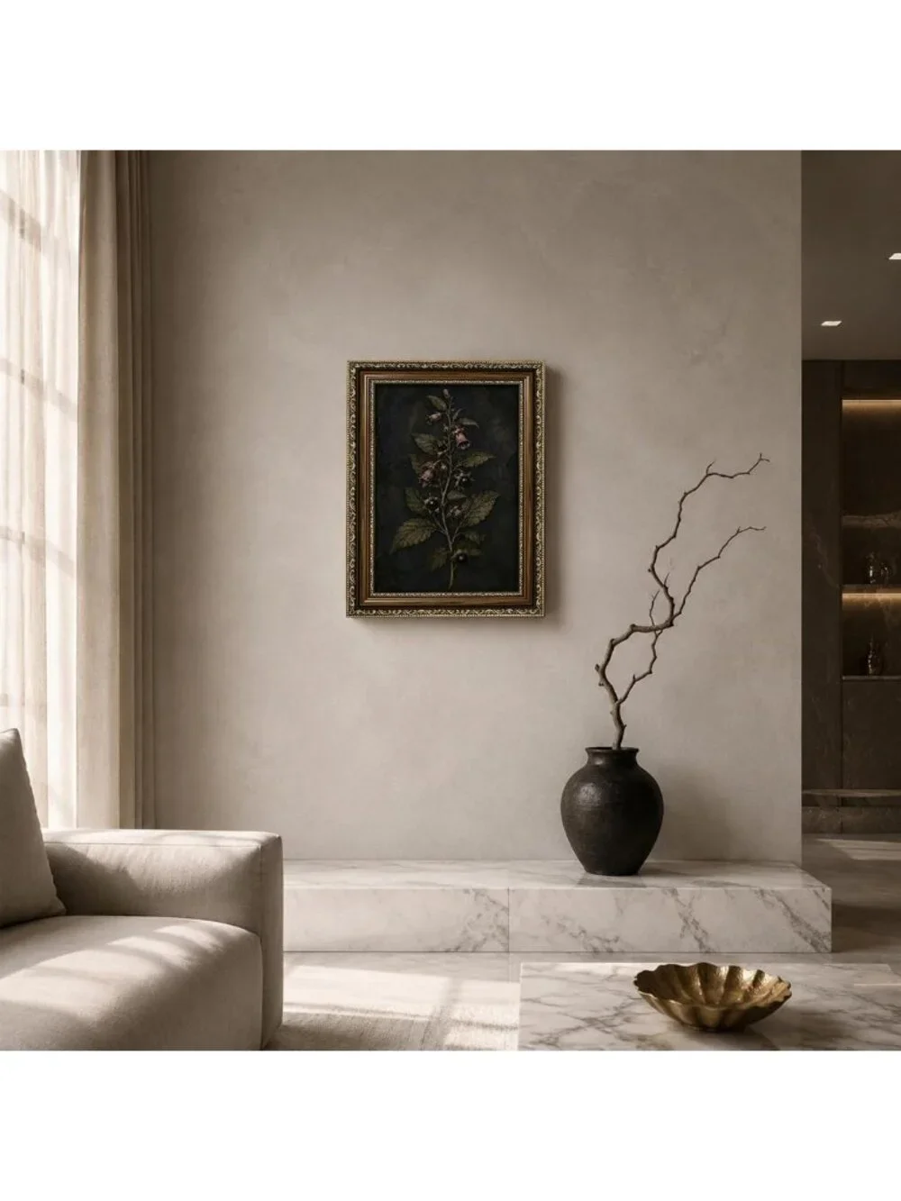 Moody Floral Wall Art - Vintage Gold Framed Dark Botanical Decor for Home